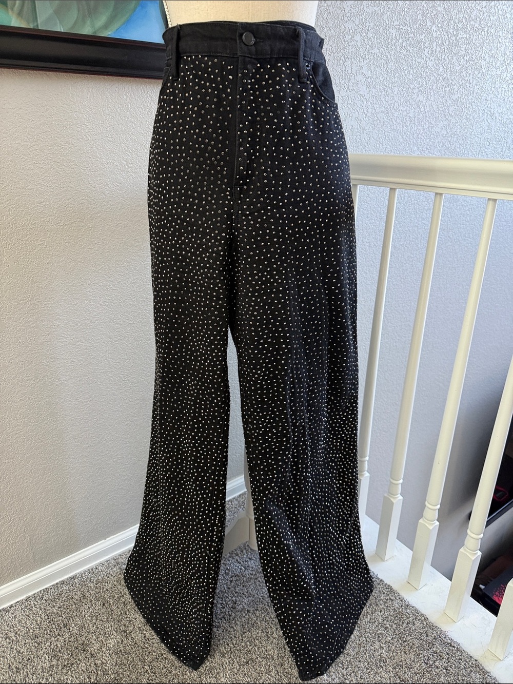Good American Black Crystal Rhinestone Wide Leg Jeans Size 10/30